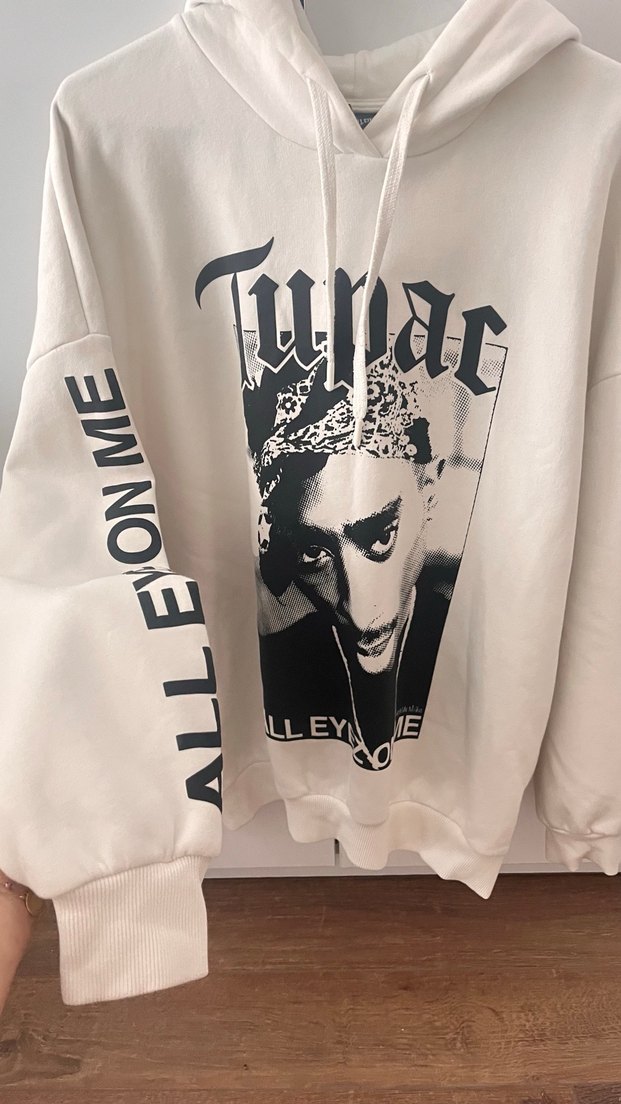 Beyaz Kapüşonlu Tupac Baskılı Erkek( unisex) Sweatshirt - Görsel 2