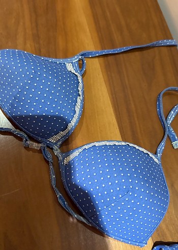 l Beden mavi Renk Bohem Tarzı Mavi Puantiyeli Kadın Bikini