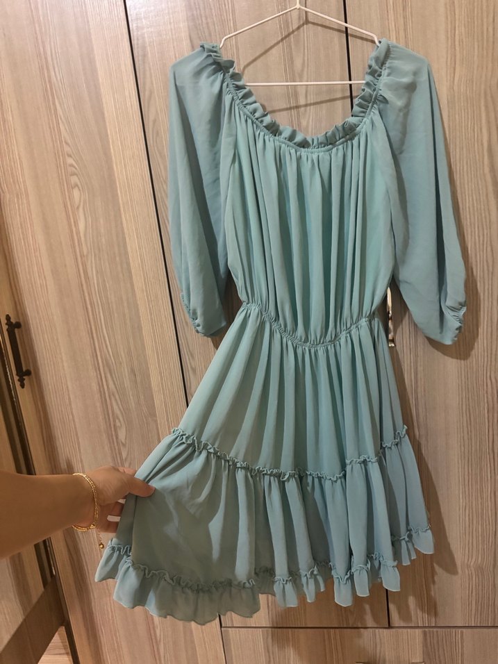 Bohem Rüzgarlı Turkuaz Mini Elbise - Görsel 3