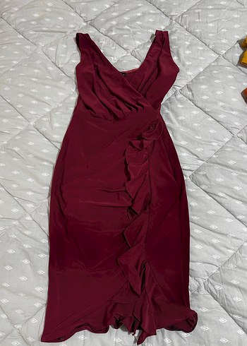 Bordo Kolsuz kısa Abiye Elbise - Görsel 5