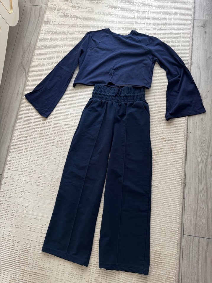 Lacivert Kadın Bol Kesim Pantolon üst bluz ikili takım - Görsel 2