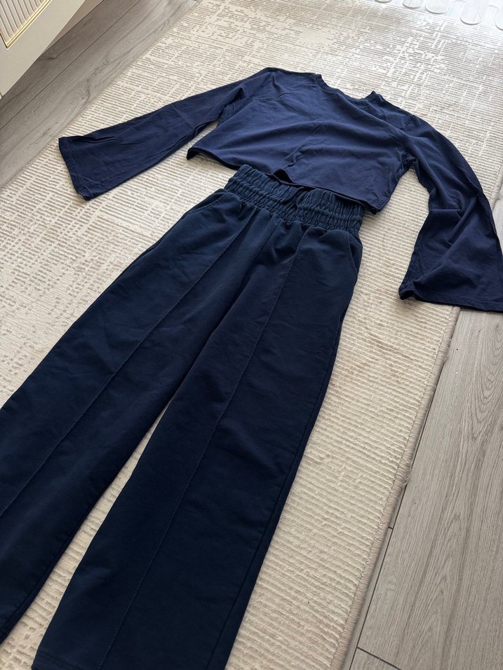 Lacivert Kadın Bol Kesim Pantolon üst bluz ikili takım - Görsel 3