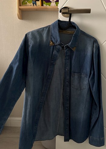 s Beden Mavi Batik Denim Düğmeli Kadın Gömlek
