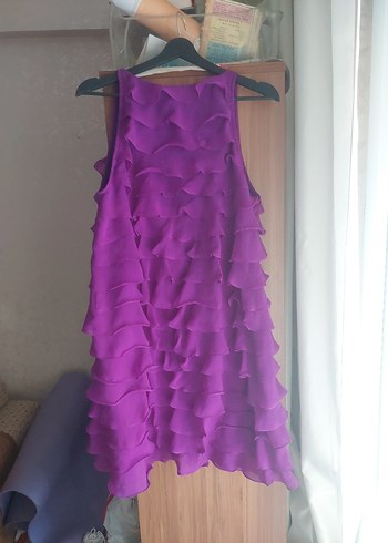 Mor Renkli Fırfırlı Midi Abiye Elbise - Görsel 4