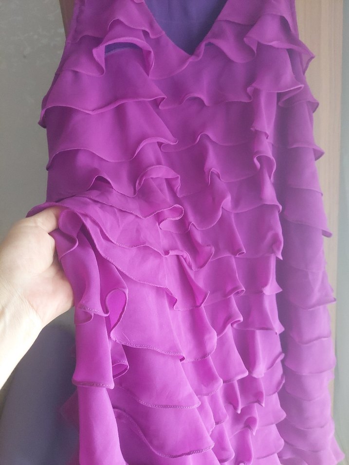 Mor Renkli Fırfırlı Midi Abiye Elbise - Görsel 3