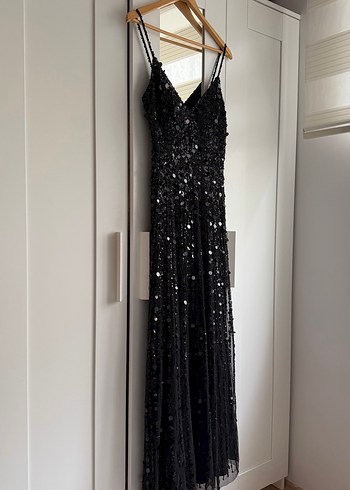 ADL Boncuk İşlemeli Siyah Uzun Abiye Elbise - Görsel 3