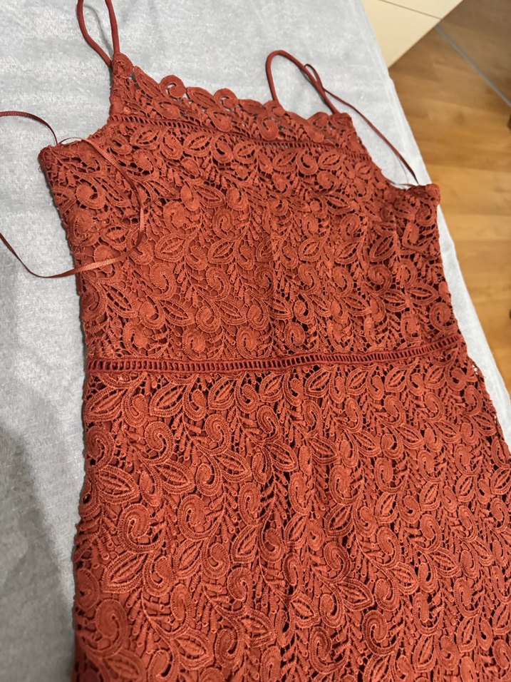 Mango Dantel Detaylı Kahverengi Midi Elbise - Görsel 2