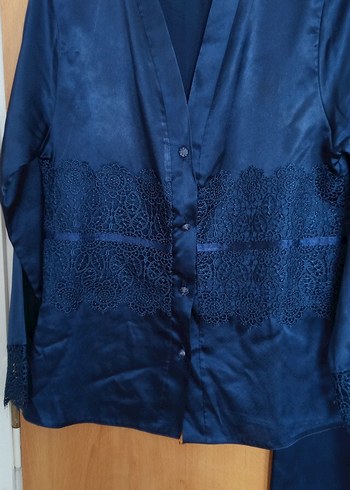 Lacivert Kadın Saten Pijama Takımı - Görsel 2