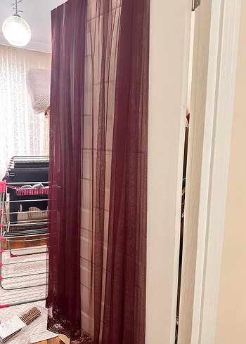 Bordo Nakışlı Bohem Tül Perde fon çiftkanat - Görsel 2