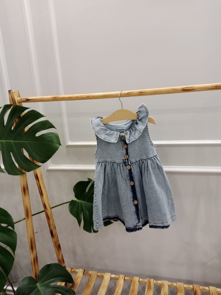 Kız Çocuk Kot Elbise Düğmeli Yakalı - Görsel 3