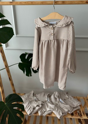 Kız Çocuk Kaz Ayağı Uzun Kollu Fırfırlı Elbise - Görsel 7