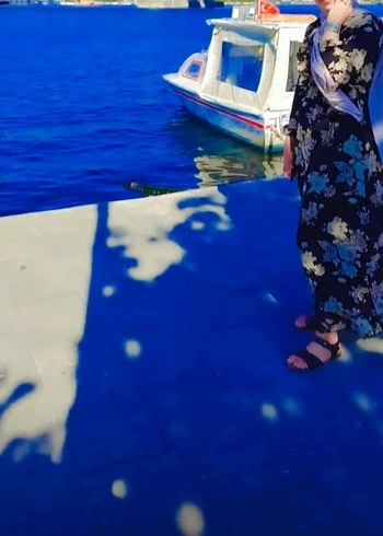 Uzun Kollu, Yüksek Yakalı Mavi Bağlama Desenli Elbise - Görsel 5