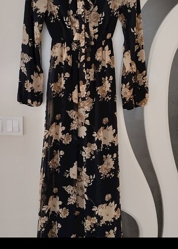 Uzun Kollu, Yüksek Yakalı Mavi Bağlama Desenli Elbise - Görsel 2