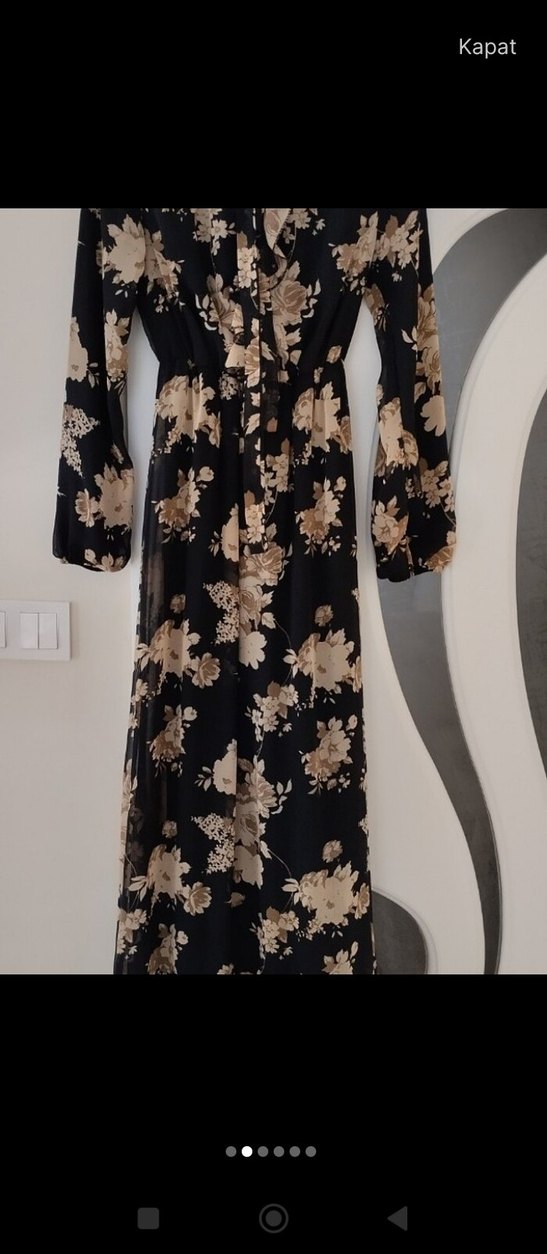 Uzun Kollu, Yüksek Yakalı Mavi Bağlama Desenli Elbise - Görsel 2