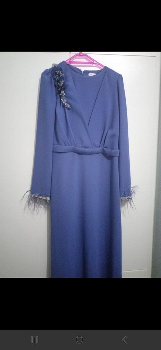 Uzun Kollu Mavi Kadın Abiye Elbise - Görsel 2