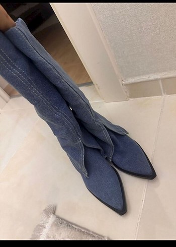 Pull and Bear Kadın Mavi Denim Diz Üstü Çizme