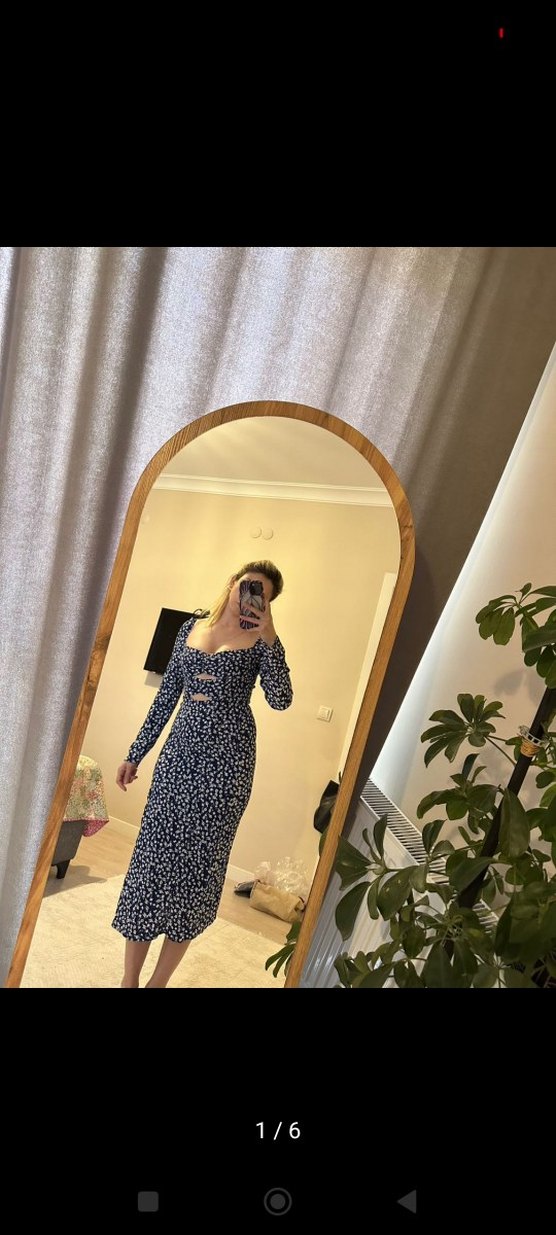 Uzun Kollu V Yaka Mavi Bağlamalı Elbise - Görsel 2