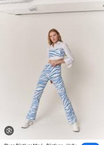 Mavi Zebra Desenli Kadın İspanyol Paça Pantolon büstiyer takım