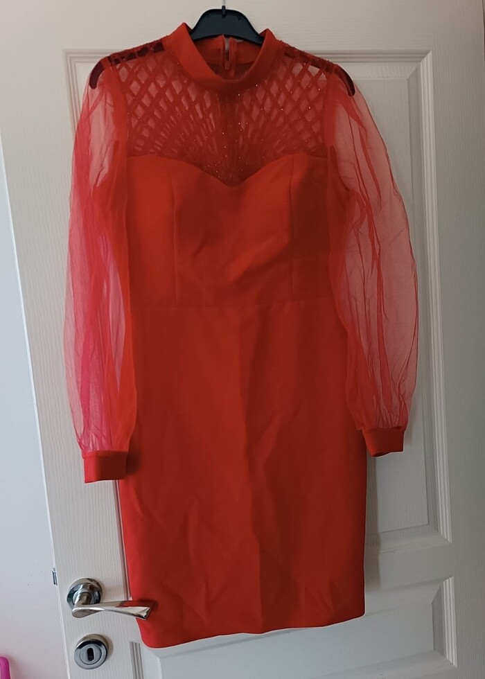 Kırmızı midi elbise - Görsel 3