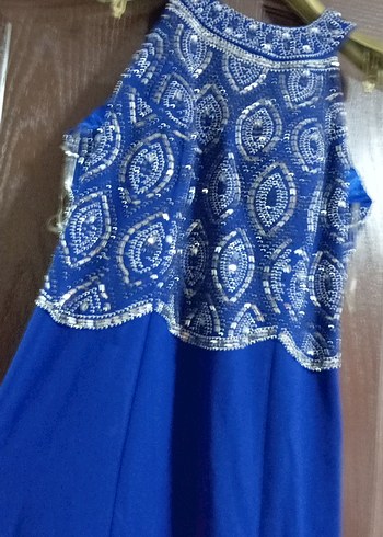 Mavi İşlemeli Uzun Kadın Abiye Elbise - Görsel 4