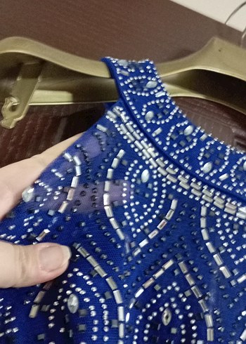 Mavi İşlemeli Uzun Kadın Abiye Elbise - Görsel 5