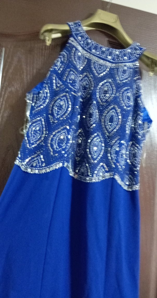 Mavi İşlemeli Uzun Kadın Abiye Elbise - Görsel 4