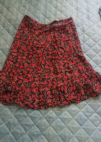 Kırmızı Desenli Volanlı Hamile Midi Etek
