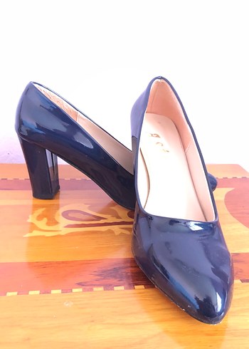 Kadın lacivert  Rugan Kalın Topuklu Stiletto - Görsel 2