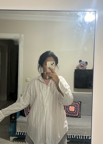 Beyaz Keten Uzun Drapeli Kadın Gömlek lcw - Görsel 5