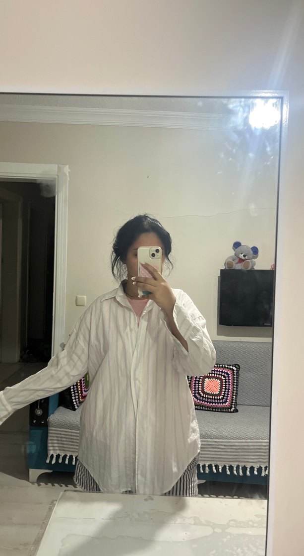 Beyaz Keten Uzun Drapeli Kadın Gömlek lcw - Görsel 5