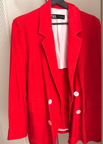 Zara Düğmeli Kırmızı Kadın Keten Blazer Ceket