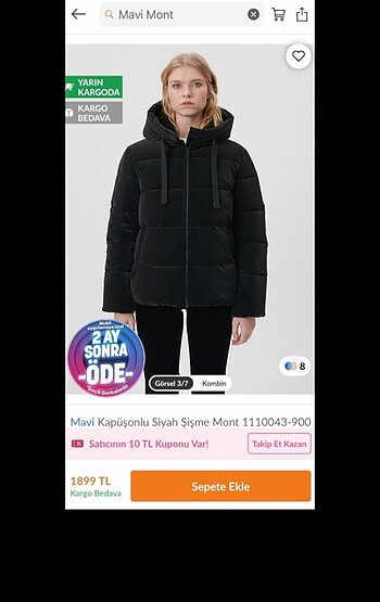 Mavi Kapüşonlu Siyah Şişme Mont