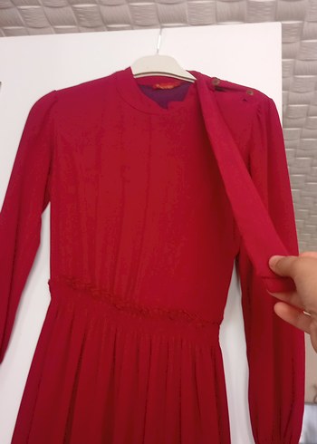 nar Kırmızı Uzun Kollu Pilili Kadın Elbise - Görsel 5