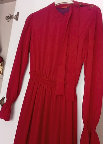 nar Kırmızı Uzun Kollu Pilili Kadın Elbise - Görsel 3