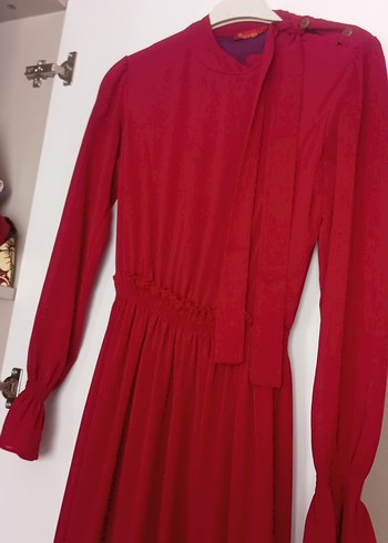 nar Kırmızı Uzun Kollu Pilili Kadın Elbise - Görsel 2