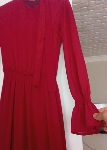 nar Kırmızı Uzun Kollu Pilili Kadın Elbise - Görsel 6