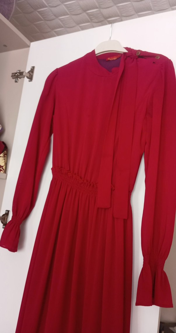 nar Kırmızı Uzun Kollu Pilili Kadın Elbise - Görsel 2