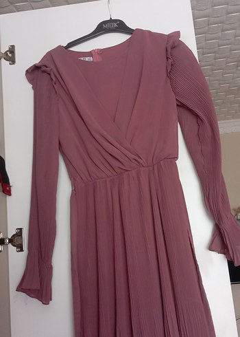 Piliseli Uzun Kollu tesetürr Gül kurusu rengi Elbise - Görsel 4