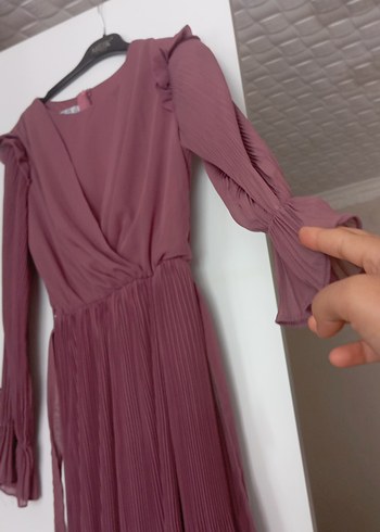 Piliseli Uzun Kollu tesetürr Gül kurusu rengi Elbise - Görsel 5