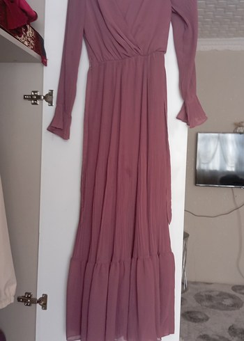 Piliseli Uzun Kollu tesetürr Gül kurusu rengi Elbise - Görsel 3