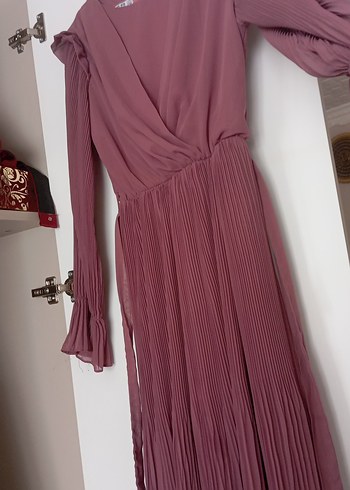 Piliseli Uzun Kollu tesetürr Gül kurusu rengi Elbise - Görsel 6