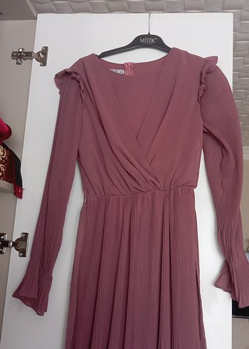 Piliseli Uzun Kollu tesetürr Gül kurusu rengi Elbise - Görsel 2