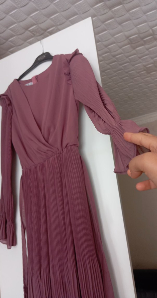 Piliseli Uzun Kollu tesetürr Gül kurusu rengi Elbise - Görsel 5