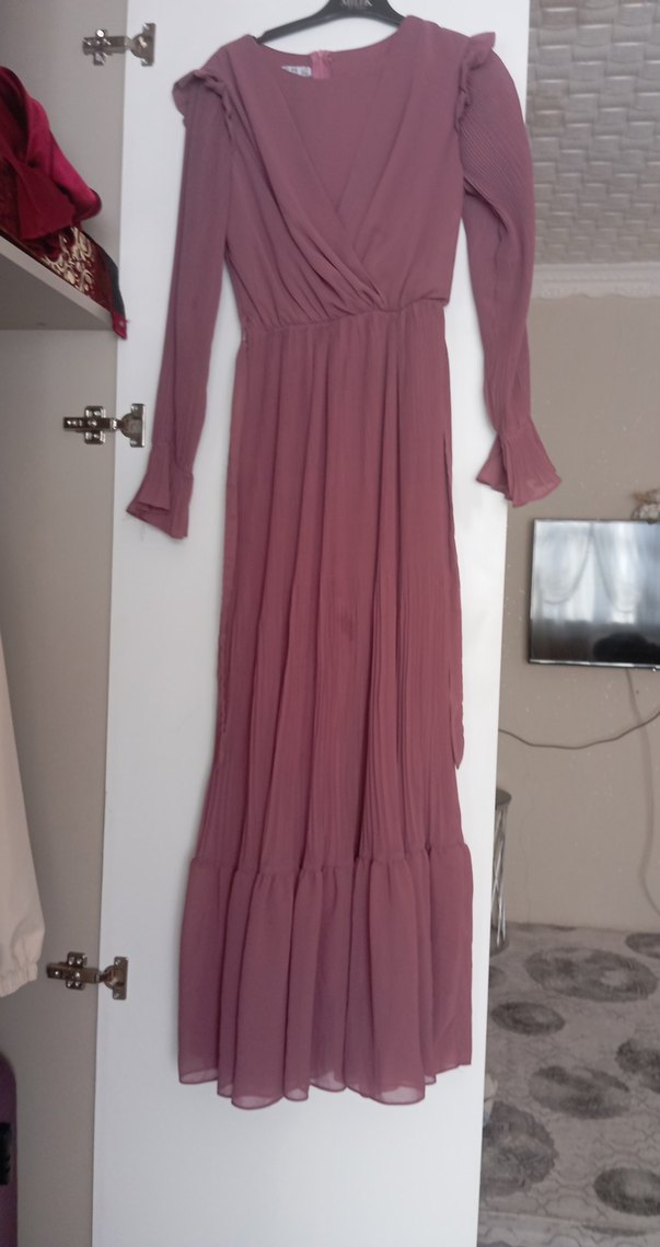 Piliseli Uzun Kollu tesetürr Gül kurusu rengi Elbise - Görsel 3