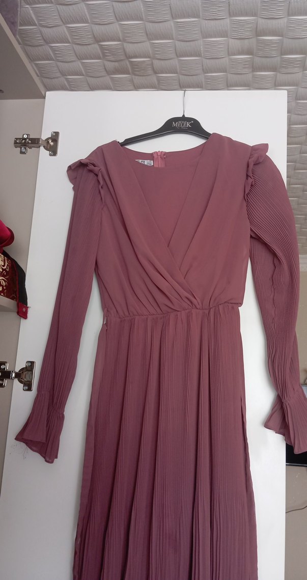 Piliseli Uzun Kollu tesetürr Gül kurusu rengi Elbise - Görsel 2