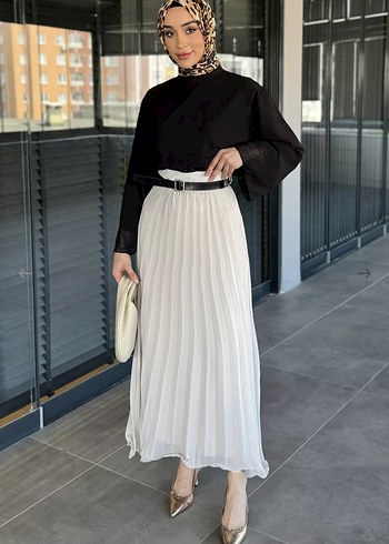 Kadın taş rengi şifon kumaş Piliseli Uzun Etek - Görsel 3