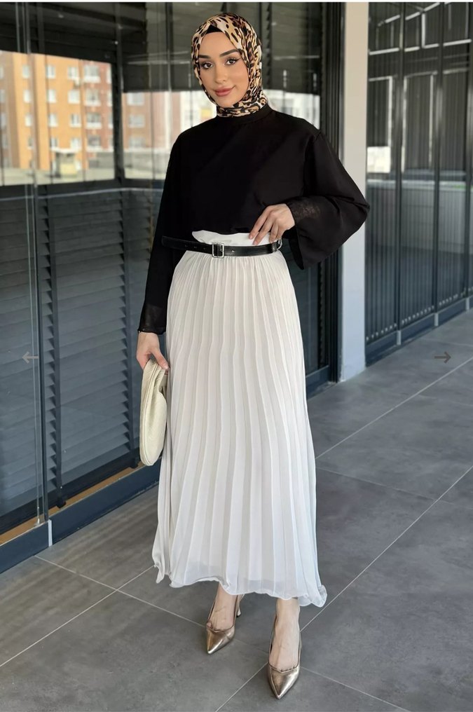 Kadın taş rengi şifon kumaş Piliseli Uzun Etek - Görsel 3