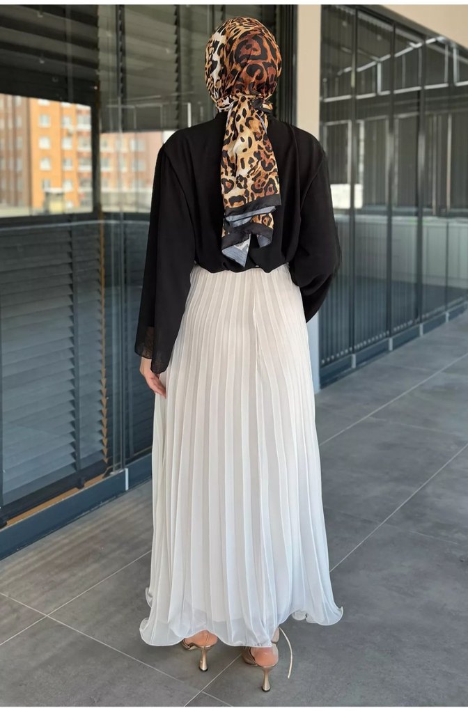 Kadın taş rengi şifon kumaş Piliseli Uzun Etek - Görsel 2