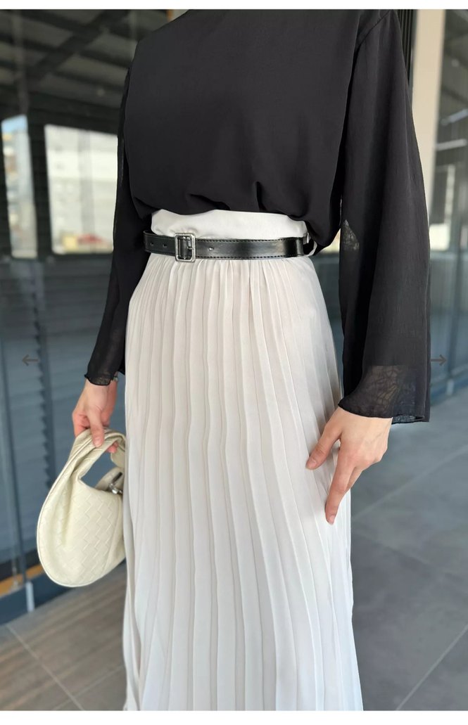 Kadın taş rengi şifon kumaş Piliseli Uzun Etek - Görsel 4