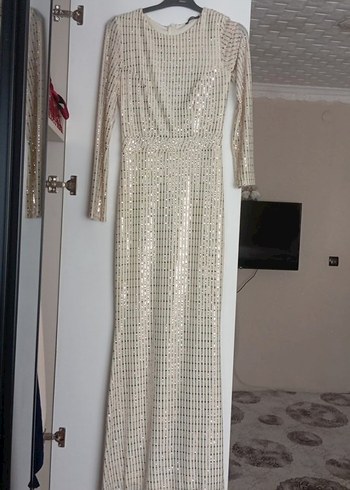 Bej Payetli taşlı astarlı Kadın Uzun balık Abiye Elbise - Görsel 2